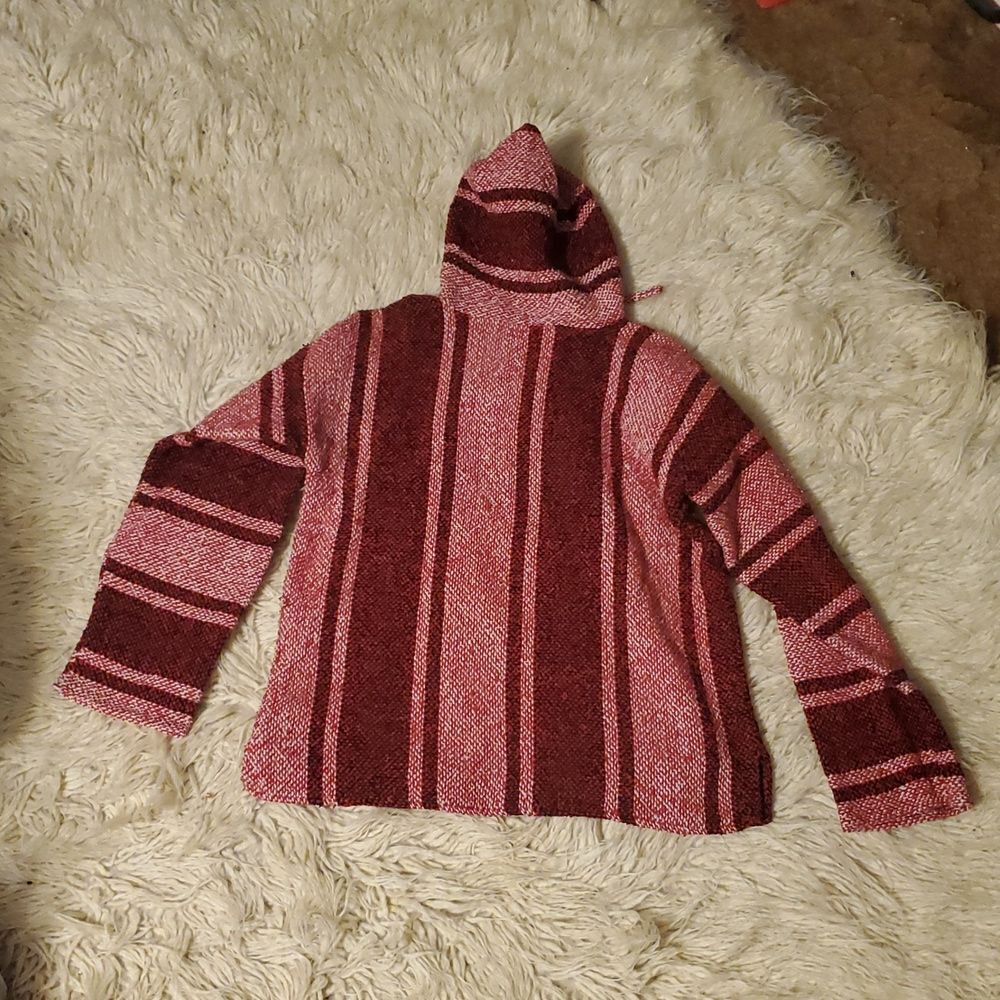 Red And Magenta Striped 90S Baja Bojo Hoodie Poncho Rug Size Large - Picture 5 of 5